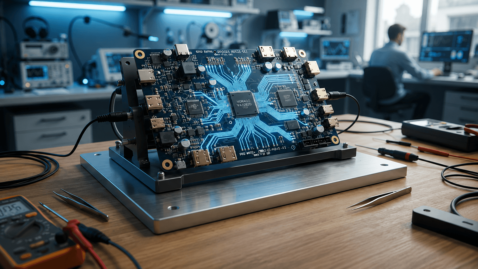Engineering workspace with a detailed circuit board during prototype bring-up and validation.